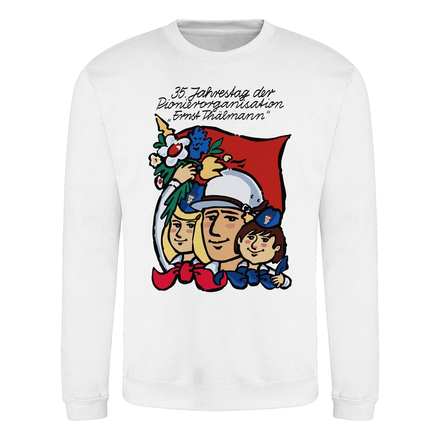 DDR Ostalgie Pullover Unisex • 35 JAHRE PIONIERORGANISATION ERNST THÄLMANN (ORIGINAL DDR-PLAKAT)