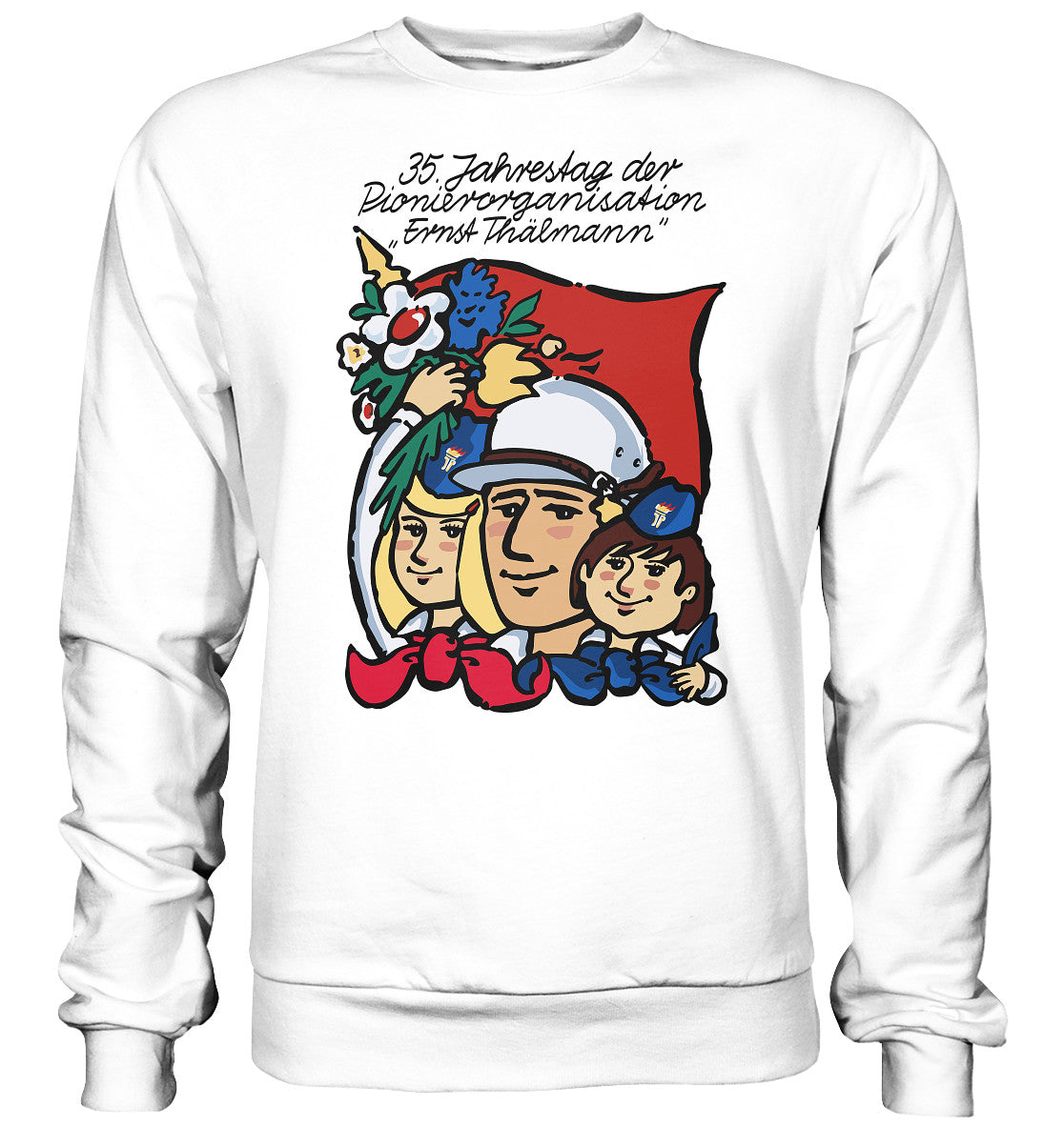 DDR Ostalgie Pullover Unisex • 35 JAHRE PIONIERORGANISATION ERNST THÄLMANN (ORIGINAL DDR-PLAKAT)