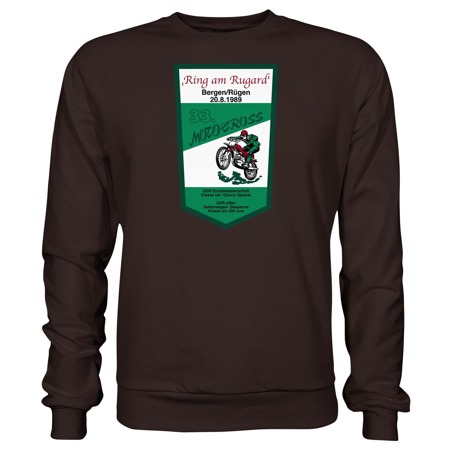 DDR Ostalgie Pullover Unisex • RING AM RUGARD, RÜGEN 33. MOTO-CROSS-RENNEN 1989 (ORIGINAL-WIMPEL)