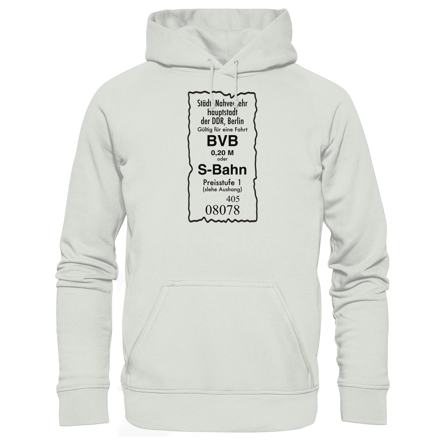 DDR Ostalgie Kapuze / Hoodie Unisex • BVB BERLIN NAHVERKEHR, 20 PFENNIG (ORIGINAL FAHRSCHEIN 1989)