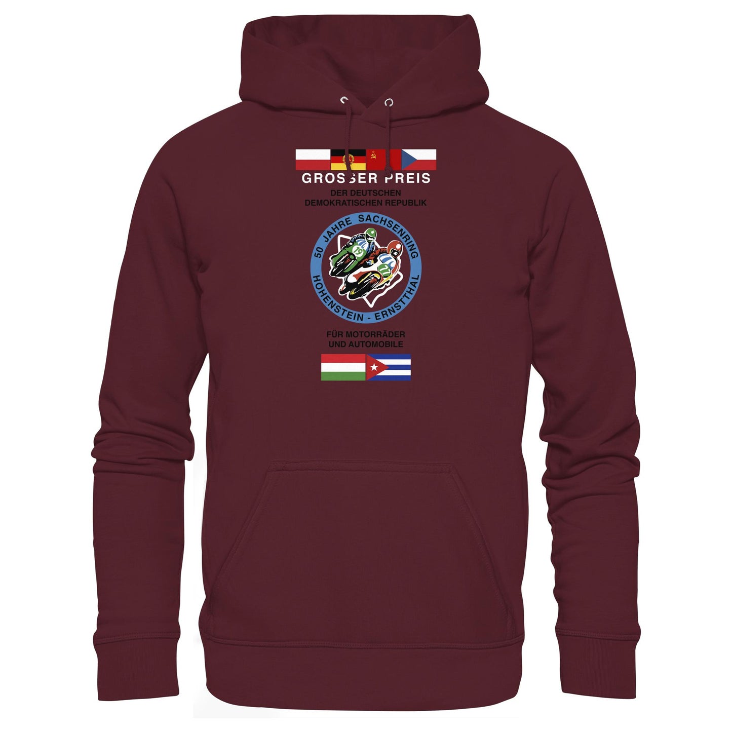 DDR Ostalgie Kapuze / Hoodie Unisex • 50 JAHRE SACHSENRING - GROSSER PREIS DER DDR 1977