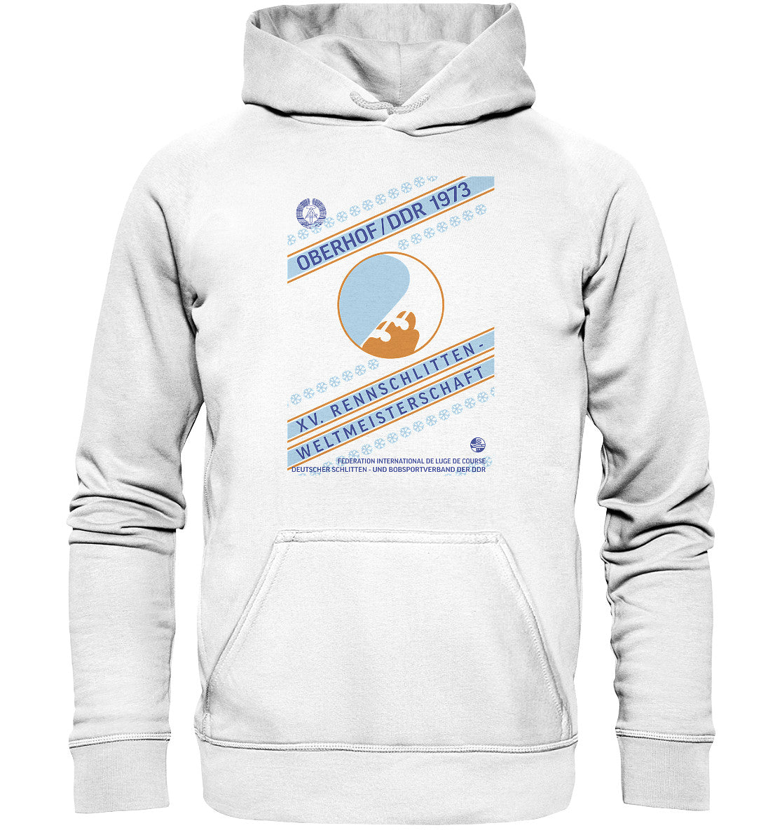 DDR Ostalgie Kapuze / Hoodie Unisex • 15. RENNSCHLITTEN-WM OBERHOF, DDR 1973