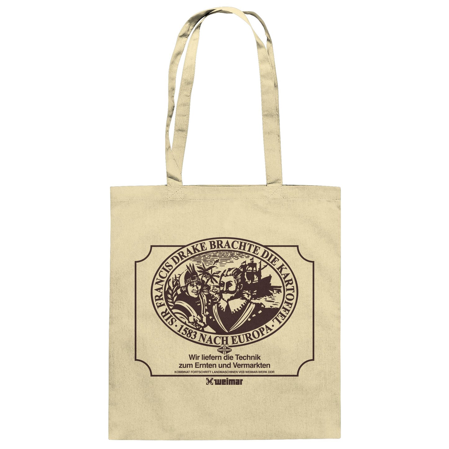 DDR Ostalgie Baumwolltasche • FRANCIS DRAKE BRACHTE DIE KARTOFFEL - KOMBINAT FORTSCHRITT WEIMAR