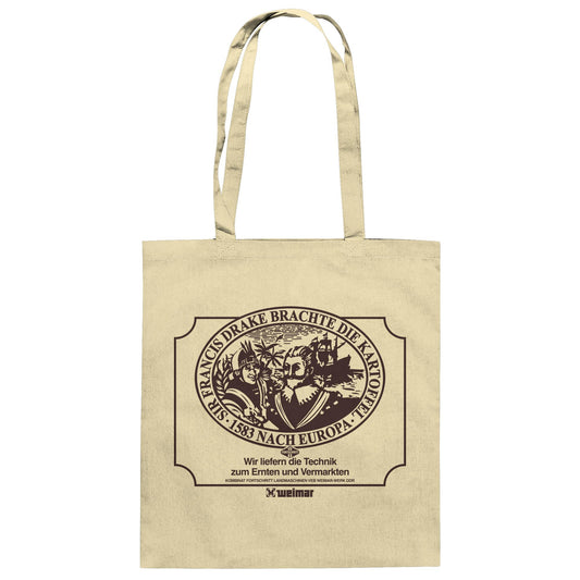 DDR Ostalgie Baumwolltasche • FRANCIS DRAKE BRACHTE DIE KARTOFFEL - KOMBINAT FORTSCHRITT WEIMAR