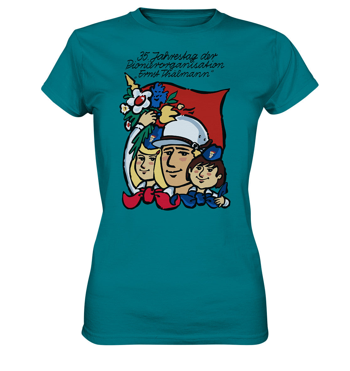 DDR Ostalgie Shirt Mädels • 35 JAHRE PIONIERORGANISATION ERNST THÄLMANN (ORIGINAL DDR-PLAKAT)
