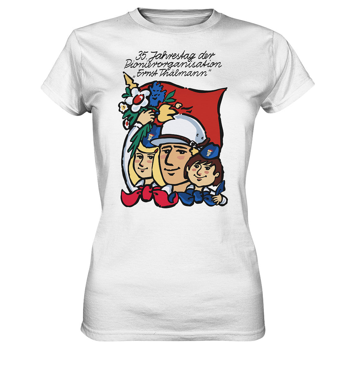 DDR Ostalgie Shirt Mädels • 35 JAHRE PIONIERORGANISATION ERNST THÄLMANN (ORIGINAL DDR-PLAKAT)