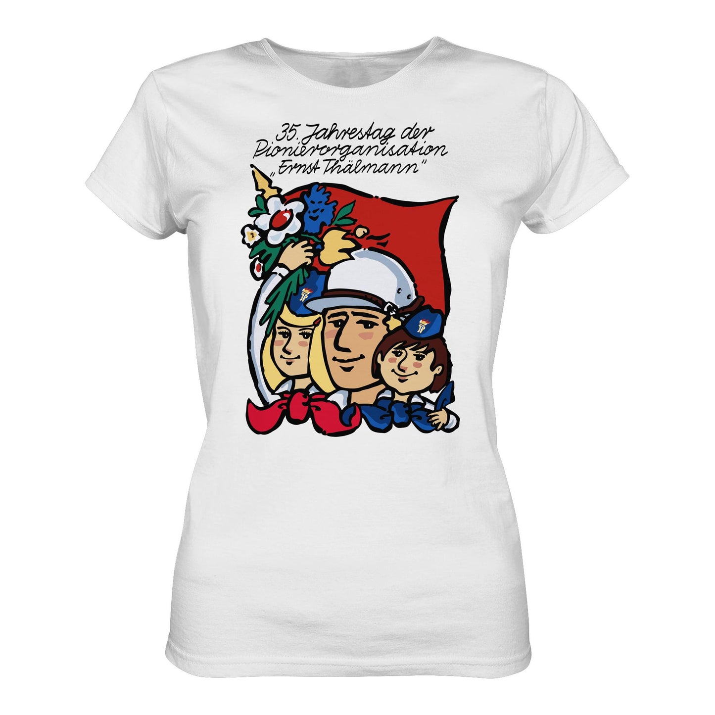DDR Ostalgie Shirt Mädels • 35 JAHRE PIONIERORGANISATION ERNST THÄLMANN (ORIGINAL DDR-PLAKAT)