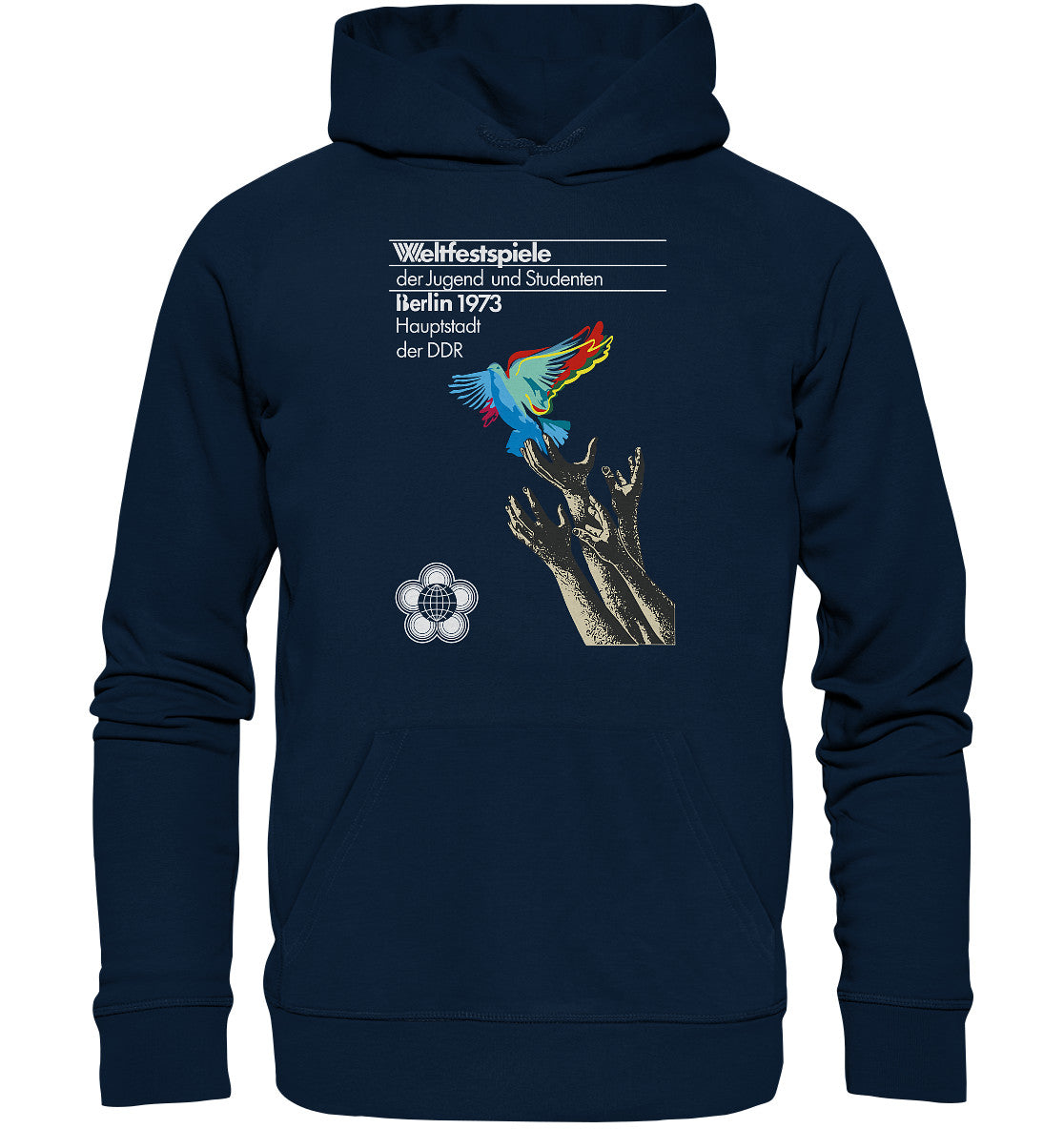 DDR Ostalgie Kapuze / Organic Hoodie Unisex • WELTFESTSPIELE BERLIN, DDR 1973 - FRIEDENSTAUBE