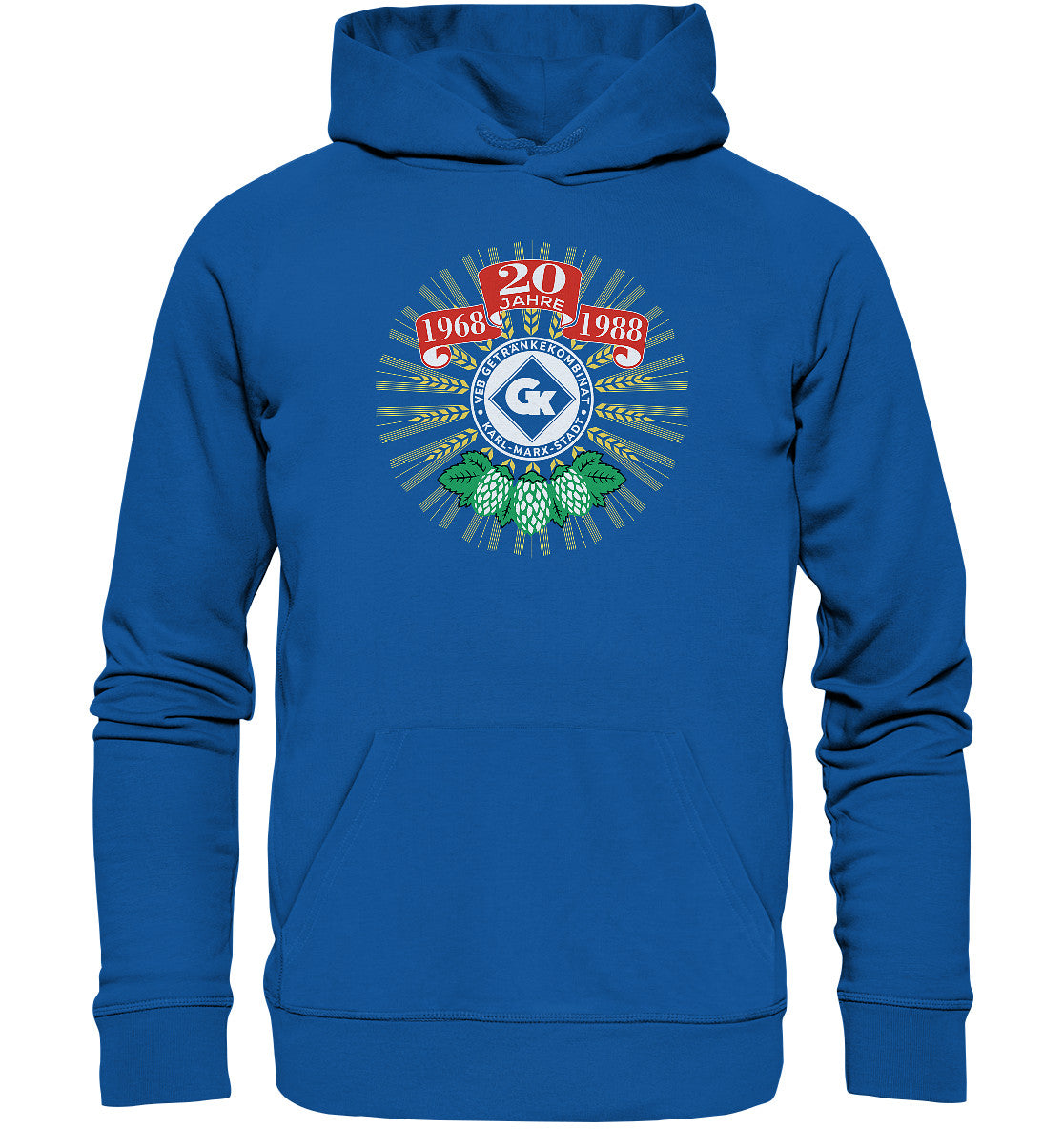 DDR Ostalgie Kapuze / Organic Hoodie Unisex • 20 JAHRE VEB GETRÄNKEKOMBINAT KARL-MARX-STADT
