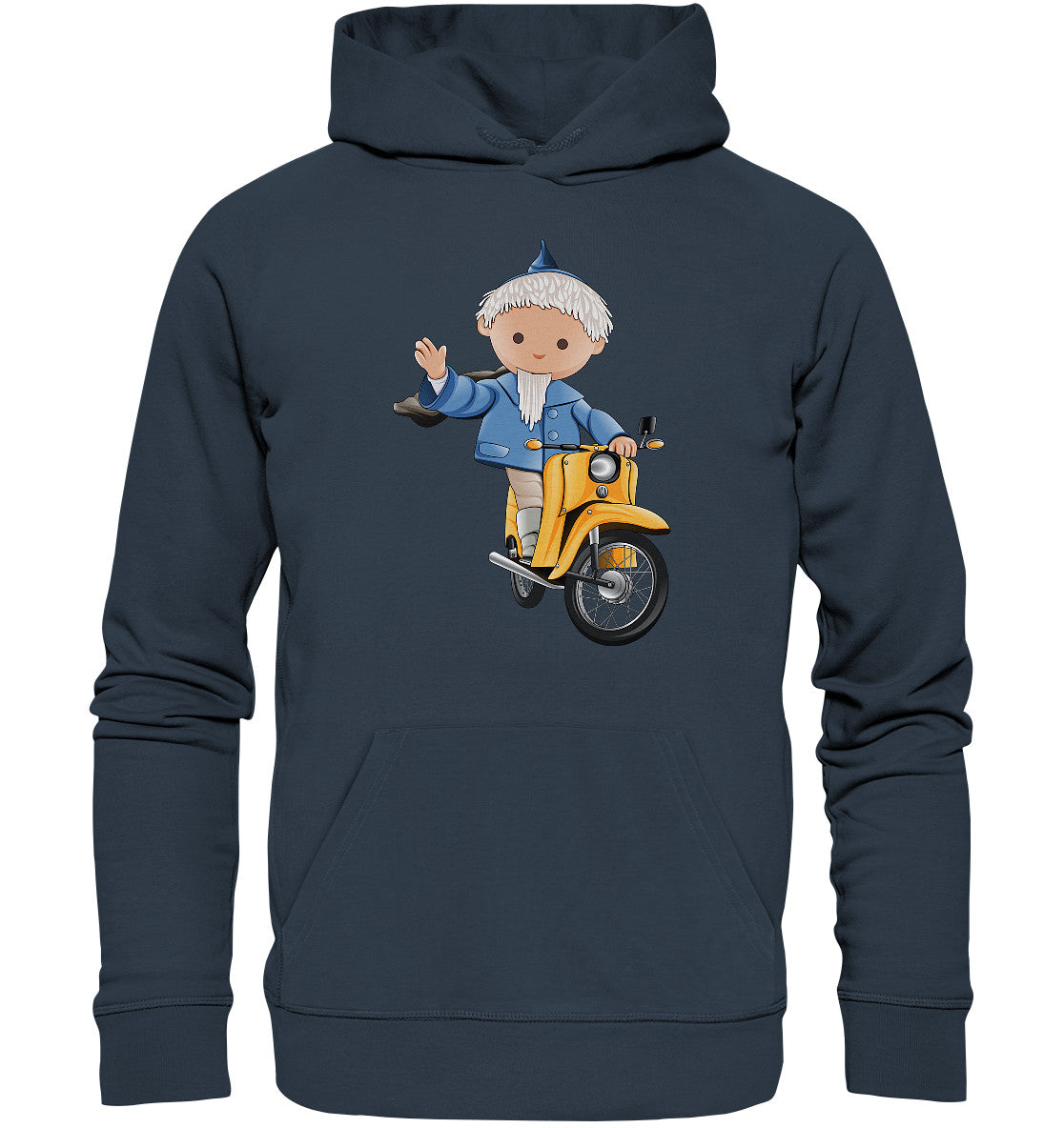 PREMIUM ORGANIC HOODIE UNISEX • UNSER SANDMÄNNCHEN - AUF DER SCHWALBE - BLAU (PU-137, 1973)