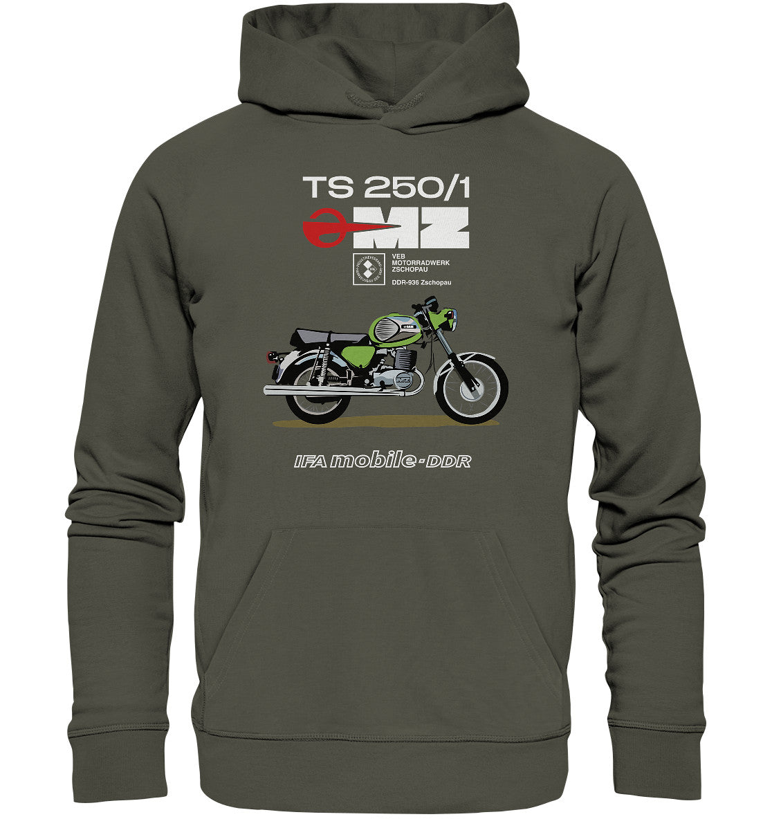 DDR Ostalgie Kapuze / Organic Hoodie Unisex • MZ TS 250 GRÜN (ORIGINAL DDR-PLAKAT)