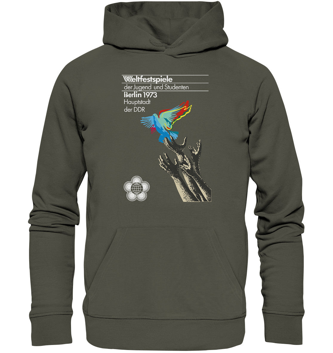 DDR Ostalgie Kapuze / Organic Hoodie Unisex • WELTFESTSPIELE BERLIN, DDR 1973 - FRIEDENSTAUBE