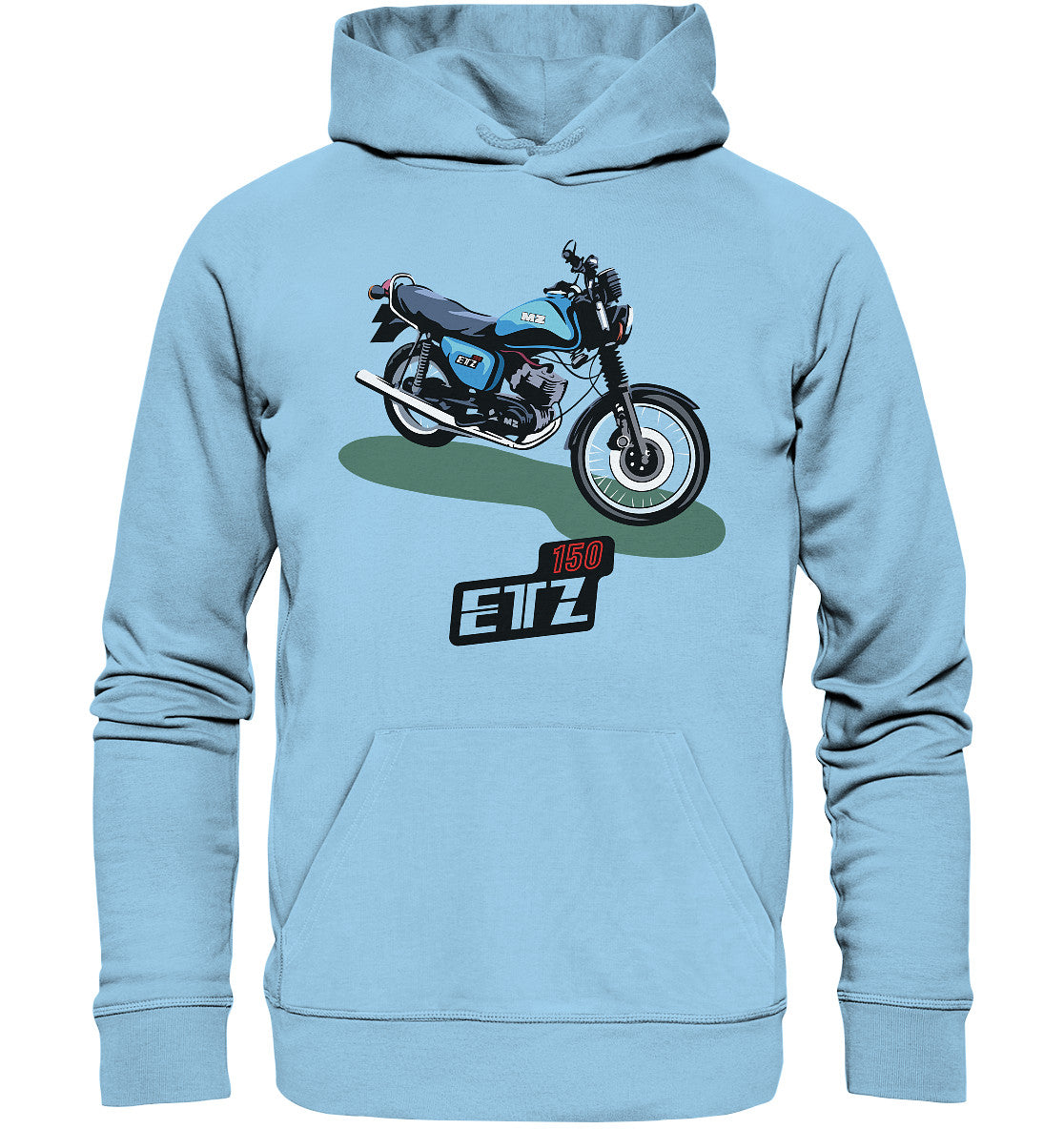 DDR Ostalgie Kapuze / Organic Hoodie Unisex • MZ ETZ 150 BLAU (ORIGINAL DDR-PLAKAT)