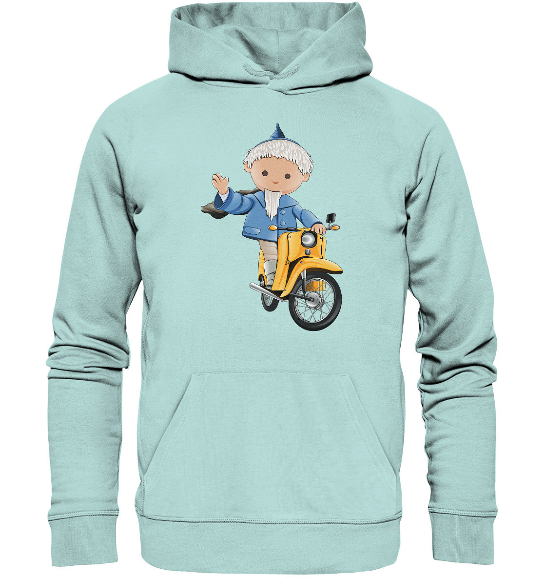 PREMIUM ORGANIC HOODIE UNISEX • UNSER SANDMÄNNCHEN - AUF DER SCHWALBE - BLAU (PU-137, 1973)