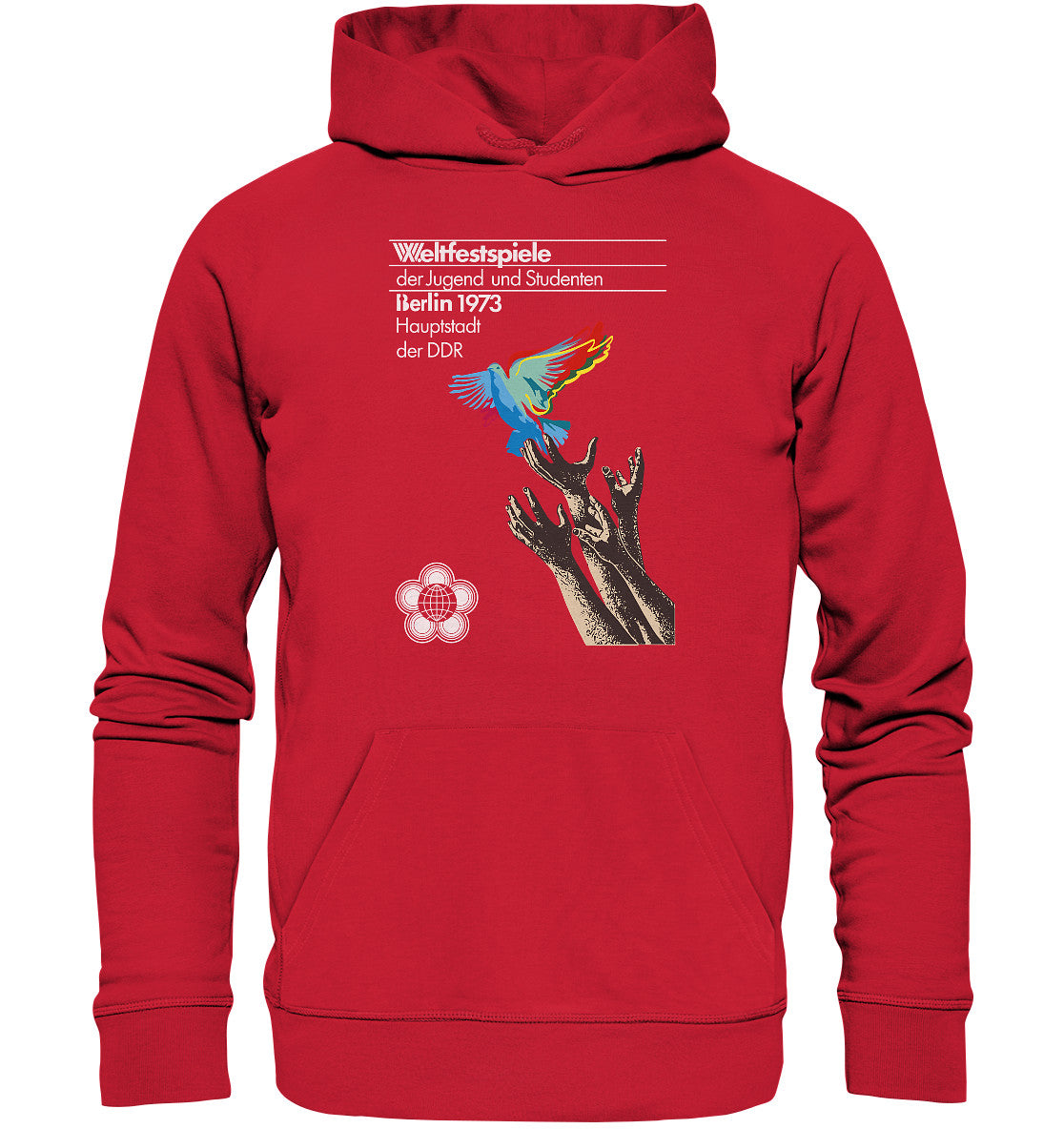 DDR Ostalgie Kapuze / Organic Hoodie Unisex • WELTFESTSPIELE BERLIN, DDR 1973 - FRIEDENSTAUBE