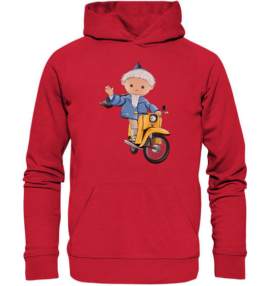 DDR Ostalgie Kapuze / Organic Hoodie Unisex • UNSER SANDMÄNNCHEN - AUF DER SCHWALBE - BLAU (PU-137, 1973)