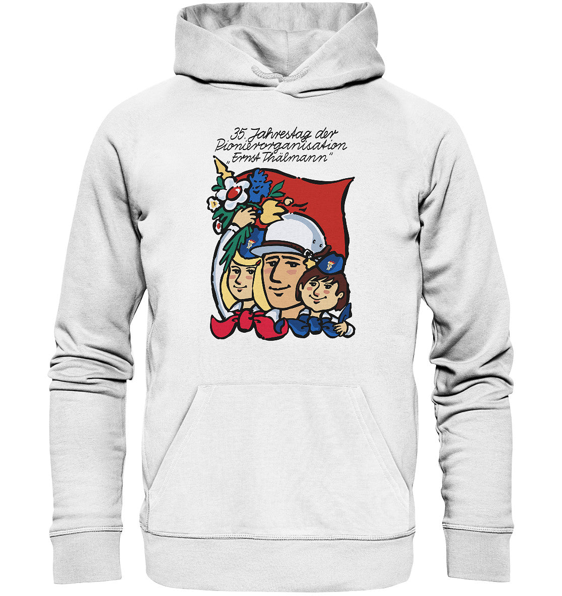 DDR Ostalgie Kapuze / Organic Hoodie Unisex • 35 JAHRE PIONIERORGANISATION ERNST THÄLMANN (ORIGINAL DDR-PLAKAT)