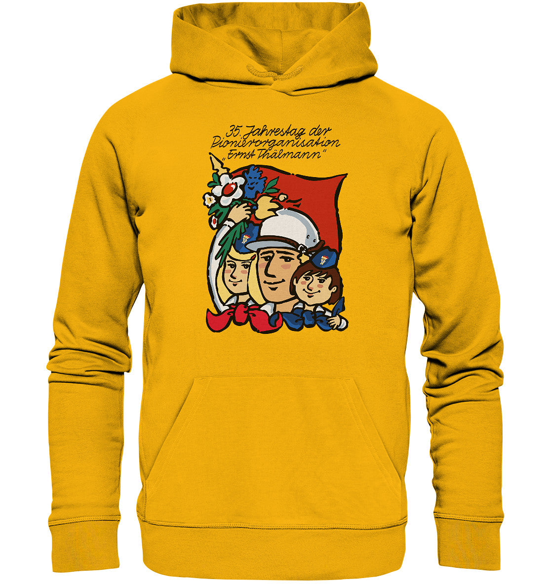 DDR Ostalgie Kapuze / Organic Hoodie Unisex • 35 JAHRE PIONIERORGANISATION ERNST THÄLMANN (ORIGINAL DDR-PLAKAT)