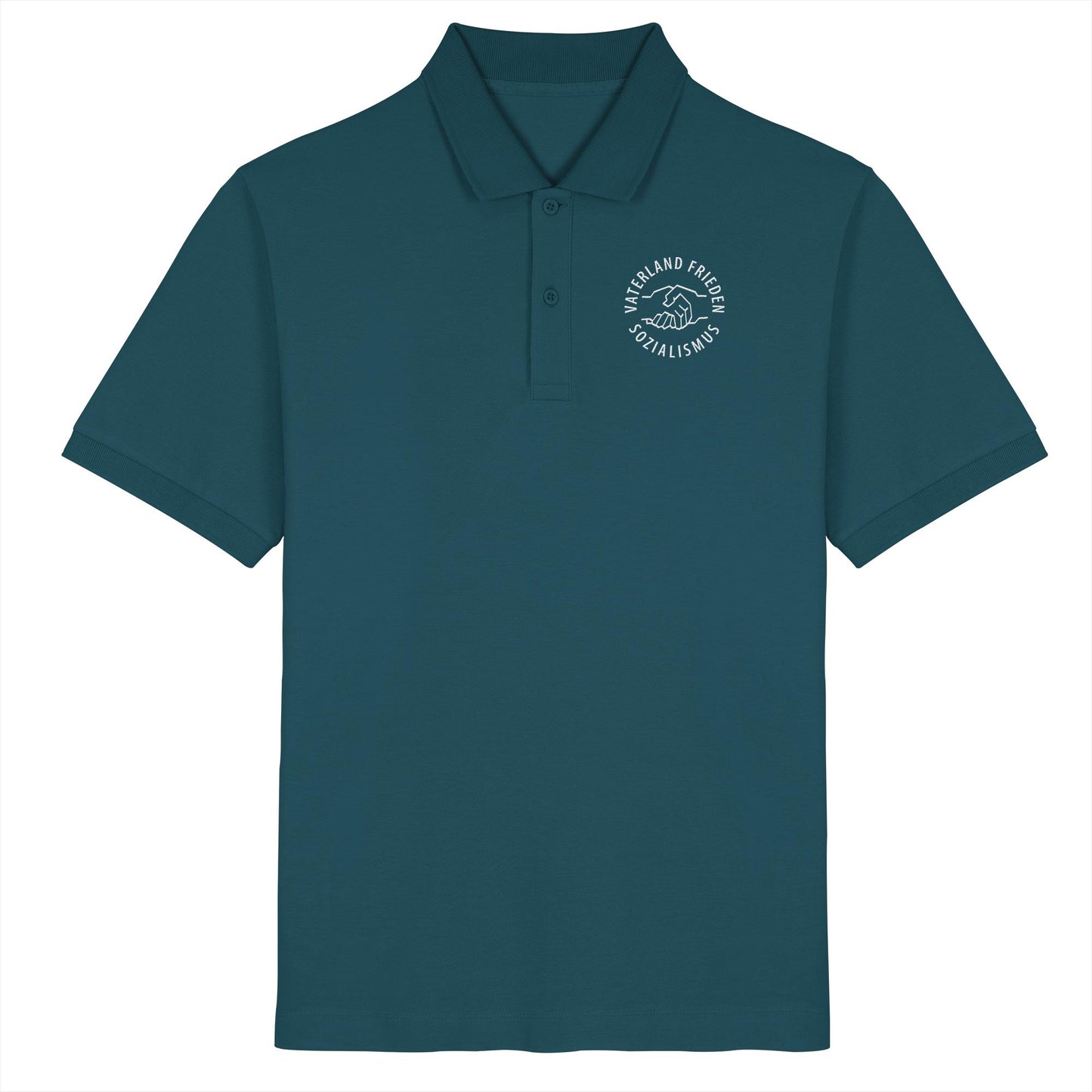 ORGANIC POLOSHIRT BESTICKT • VATERLAND FRIEDEN SOZIALISMUS (DDR LOGO)