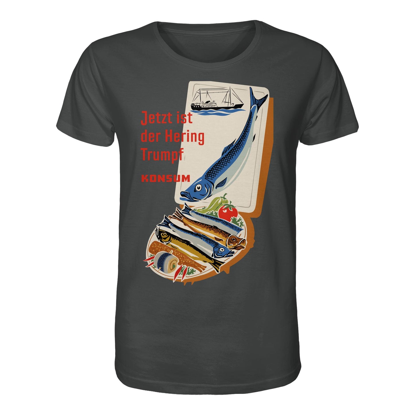 DDR Ostalgie Bio-Shirt Unisex • JETZT IST DER HERING TRUMPF (ORIGINAL KONSUM-PLAKAT)
