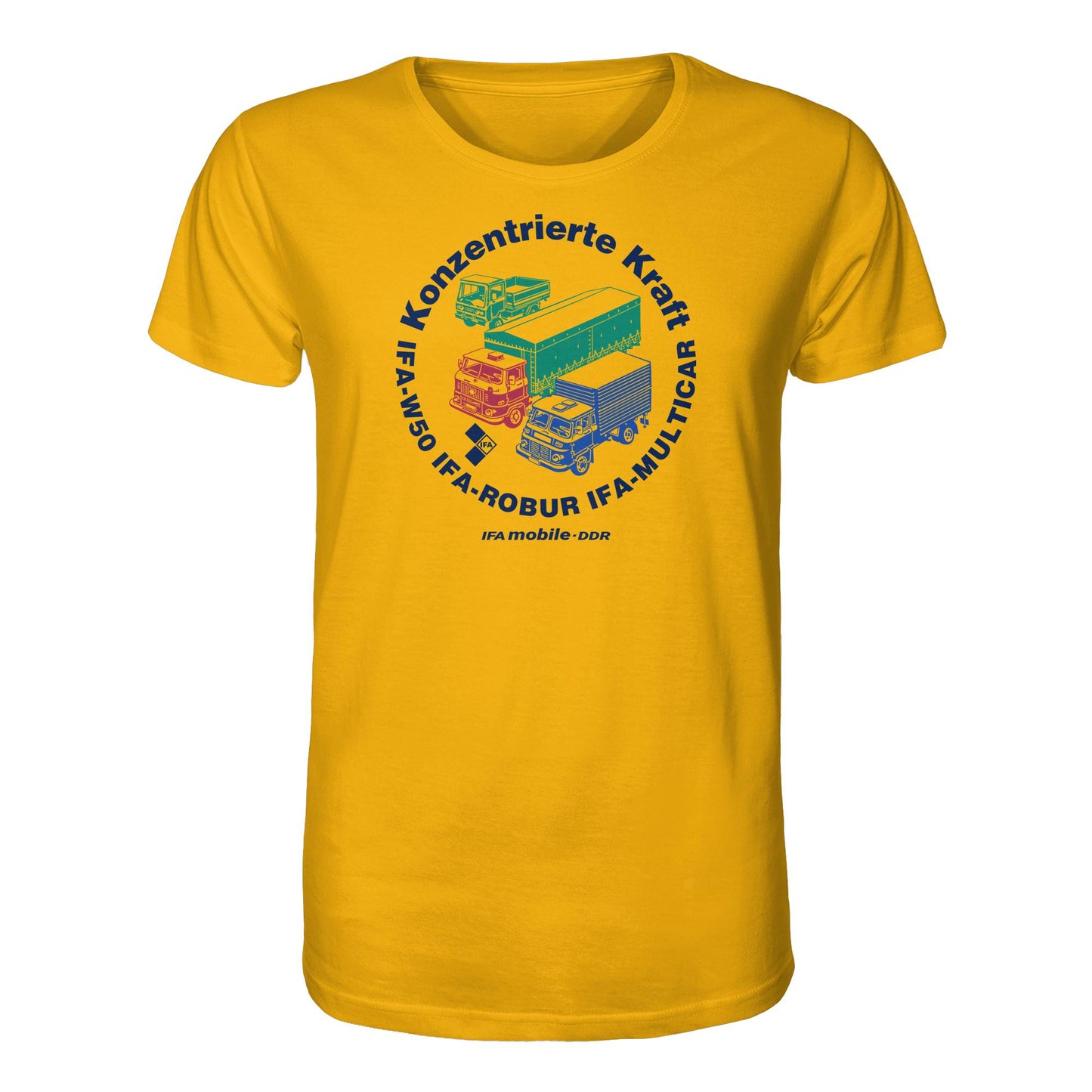 DDR Ostalgie Bio-Shirt Unisex • IFA KONZENTRIERTE KRAFT - W50, ROBUR, MULTICAR (ORIGINAL WIMPELMOTIV)