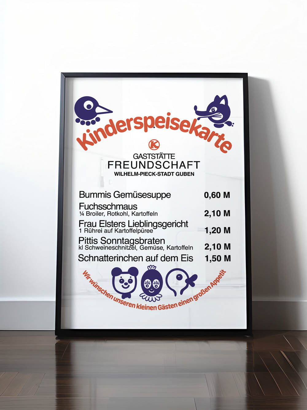 Historisches DDR Poster (A4 | A3 | A2 | A1) • KINDERSPEISEKARTE GASTSTÄTTE FREUNDSCHAFT
