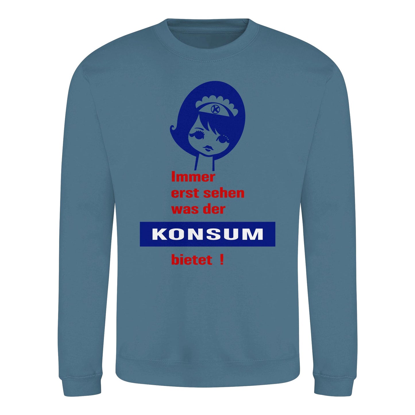 DDR Ostalgie Pullover Unisex • IMMER ERST SEHEN, WAS DER KONSUM BIETET! - ORIGINAL ILLUSTRATION