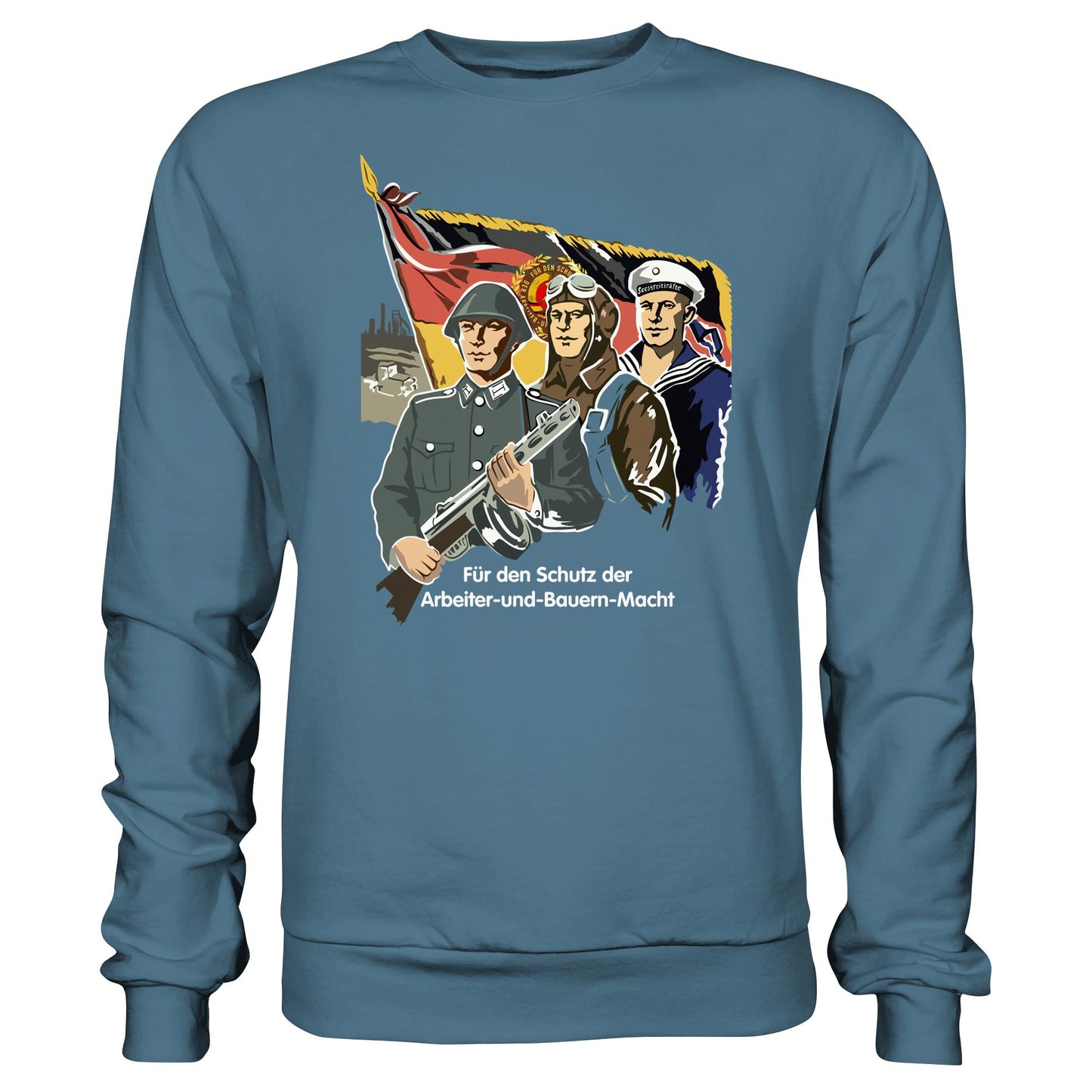 DDR Ostalgie Pullover Unisex • FÜR DEN SCHUTZ DER ARBEITER-UND-BAUERN-MACHT (NVA ORIGINAL-PLAKAT)