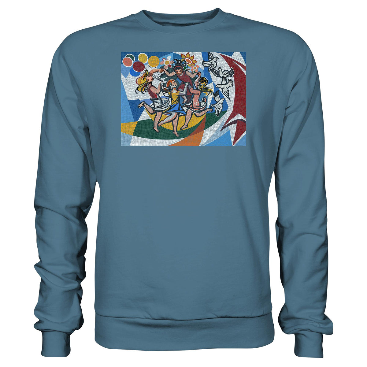 DDR Ostalgie Pullover Unisex • WALTER WOMACKA - TANZENDE MÄDCHEN MIT FRIEDENSTAUBEN MIT MOSAIK-HINTERGRUND (HAUS DES LEHRERS, 1964)