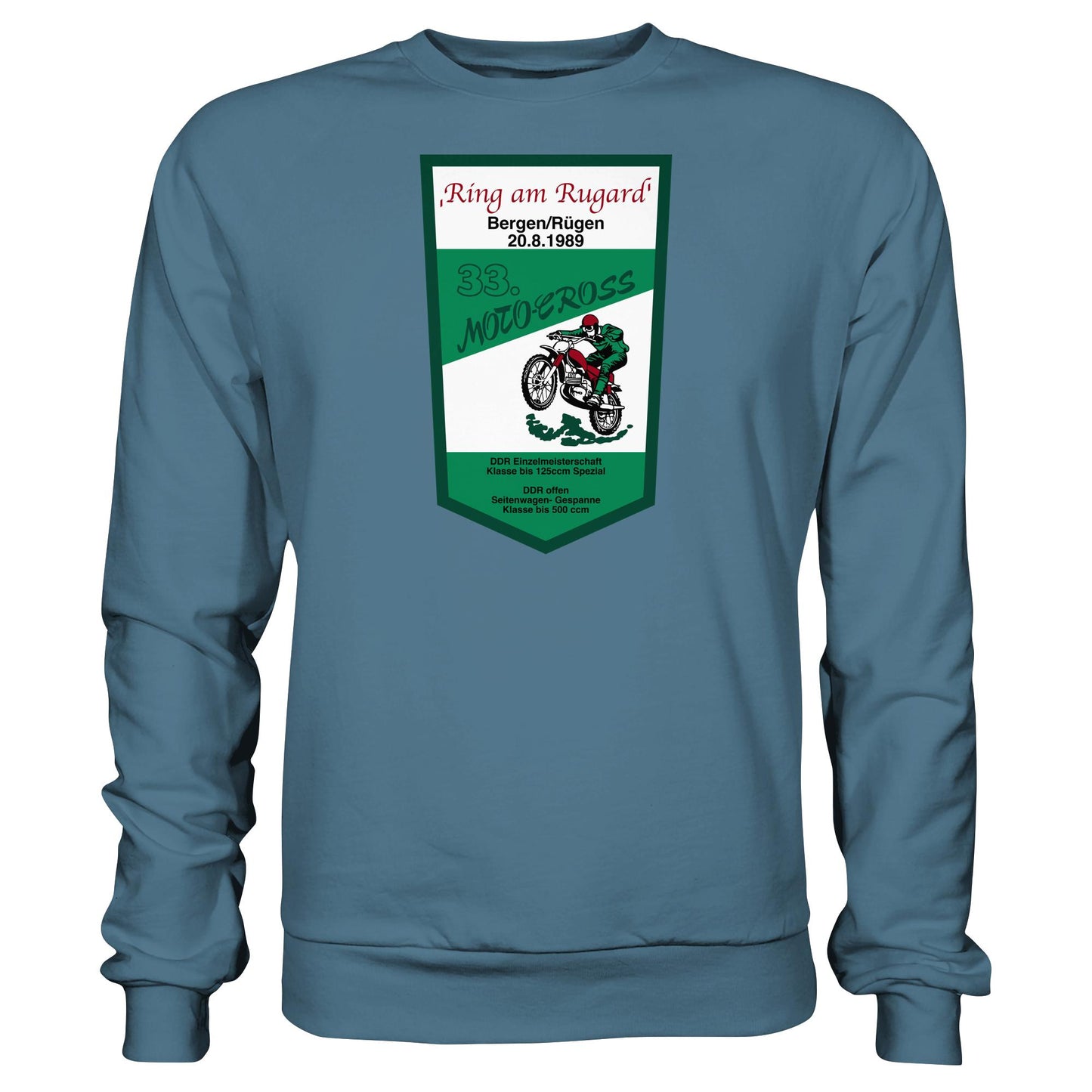 DDR Ostalgie Pullover Unisex • RING AM RUGARD, RÜGEN 33. MOTO-CROSS-RENNEN 1989 (ORIGINAL-WIMPEL)