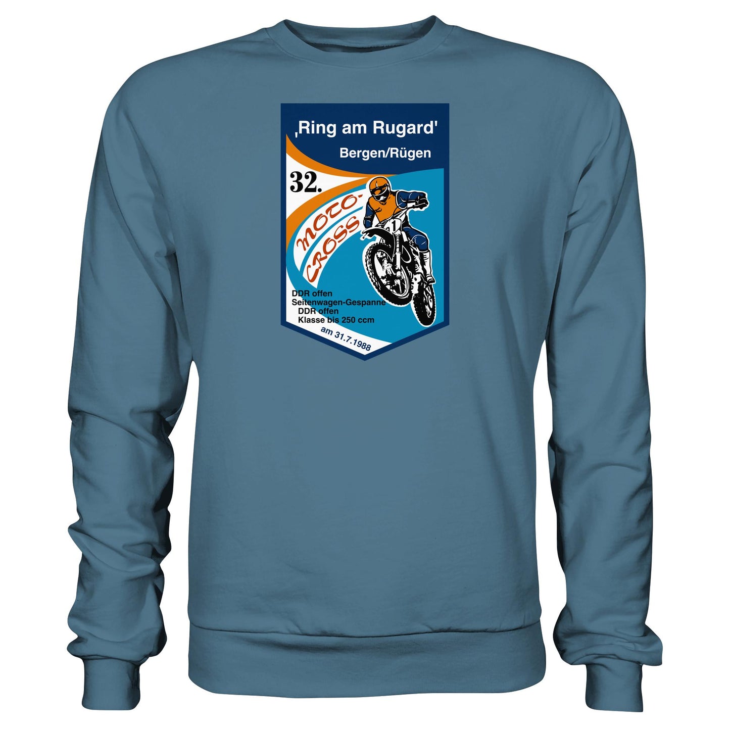 DDR Ostalgie Pullover Unisex • RING AM RUGARD, RÜGEN 32. MOTO-CROSS-RENNEN 1988 (ORIGINAL-WIMPEL)