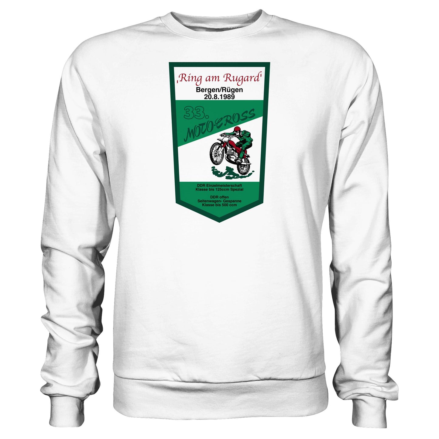 DDR Ostalgie Pullover Unisex • RING AM RUGARD, RÜGEN 33. MOTO-CROSS-RENNEN 1989 (ORIGINAL-WIMPEL)