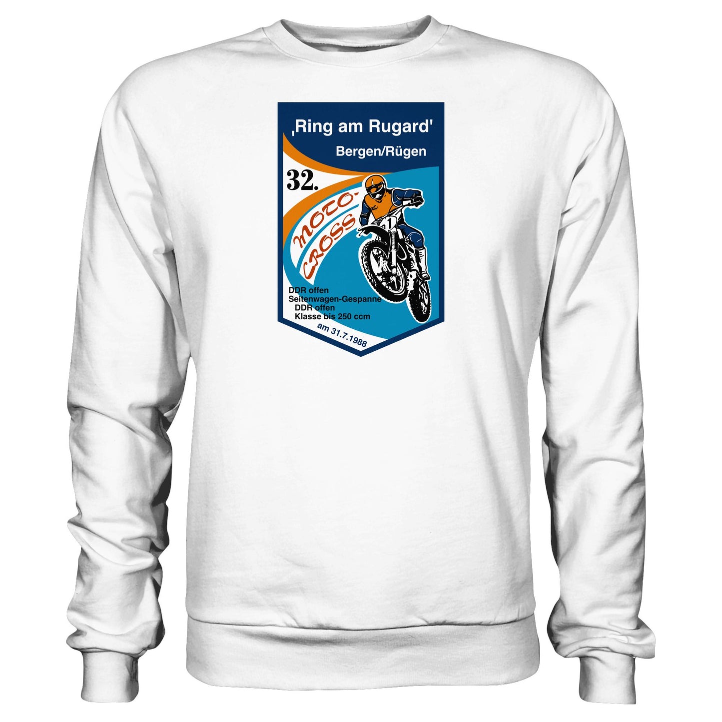 DDR Ostalgie Pullover Unisex • RING AM RUGARD, RÜGEN 32. MOTO-CROSS-RENNEN 1988 (ORIGINAL-WIMPEL)