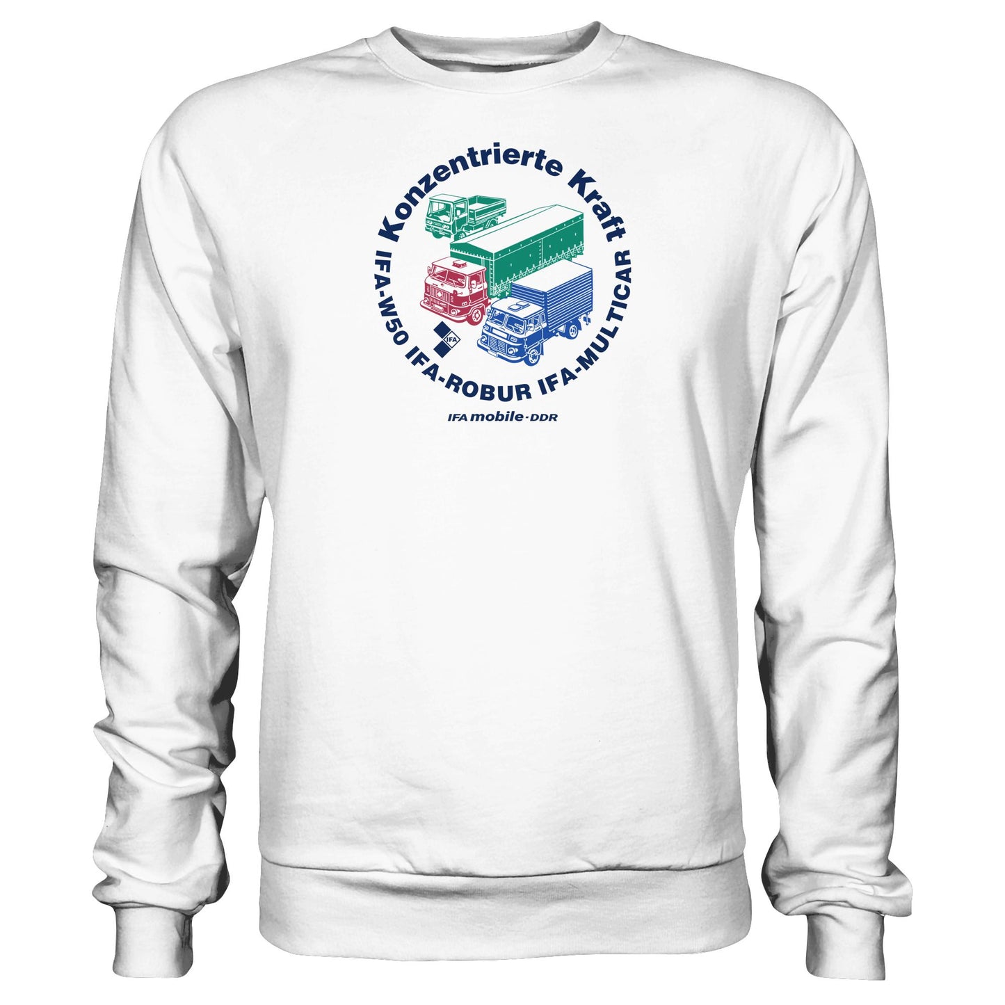 DDR Ostalgie Pullover Unisex • IFA KONZENTRIERTE KRAFT - W50, ROBUR, MULTICAR (ORIGINAL WIMPELMOTIV)
