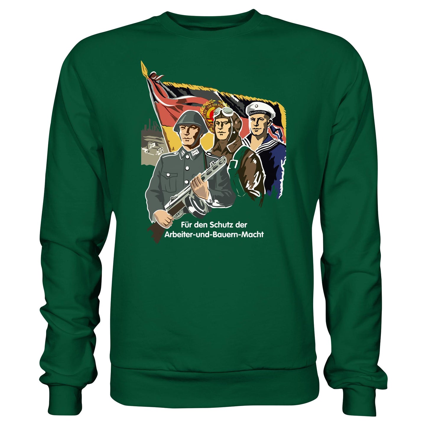 DDR Ostalgie Pullover Unisex • FÜR DEN SCHUTZ DER ARBEITER-UND-BAUERN-MACHT (NVA ORIGINAL-PLAKAT)