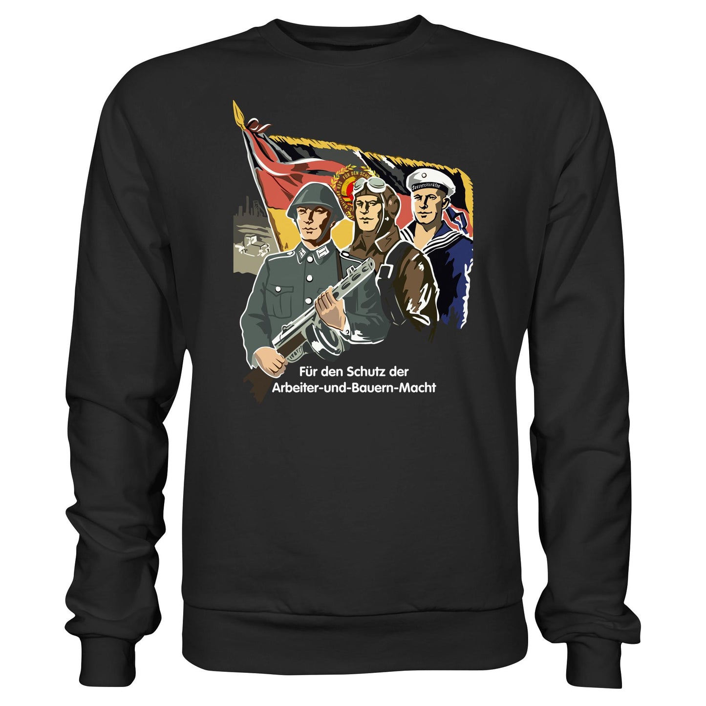 DDR Ostalgie Pullover Unisex • FÜR DEN SCHUTZ DER ARBEITER-UND-BAUERN-MACHT (NVA ORIGINAL-PLAKAT)