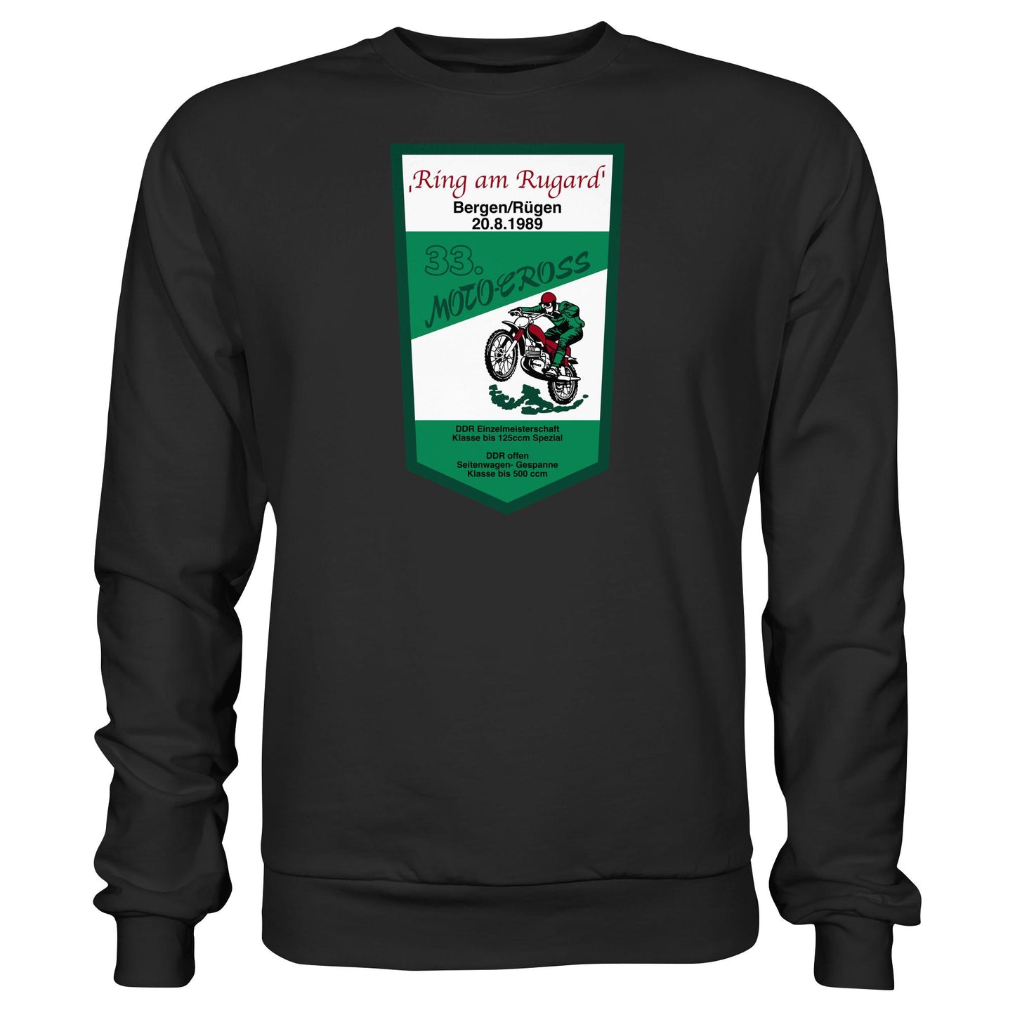DDR Ostalgie Pullover Unisex • RING AM RUGARD, RÜGEN 33. MOTO-CROSS-RENNEN 1989 (ORIGINAL-WIMPEL)