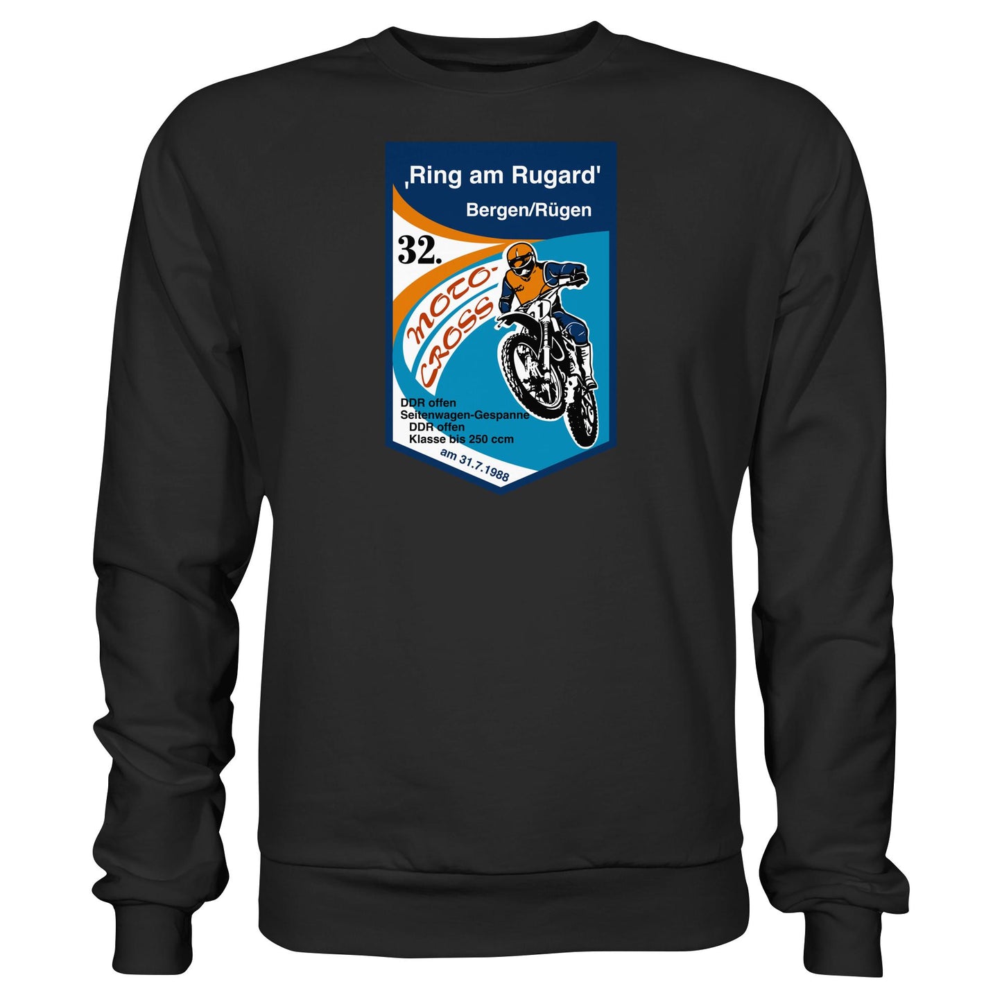 DDR Ostalgie Pullover Unisex • RING AM RUGARD, RÜGEN 32. MOTO-CROSS-RENNEN 1988 (ORIGINAL-WIMPEL)