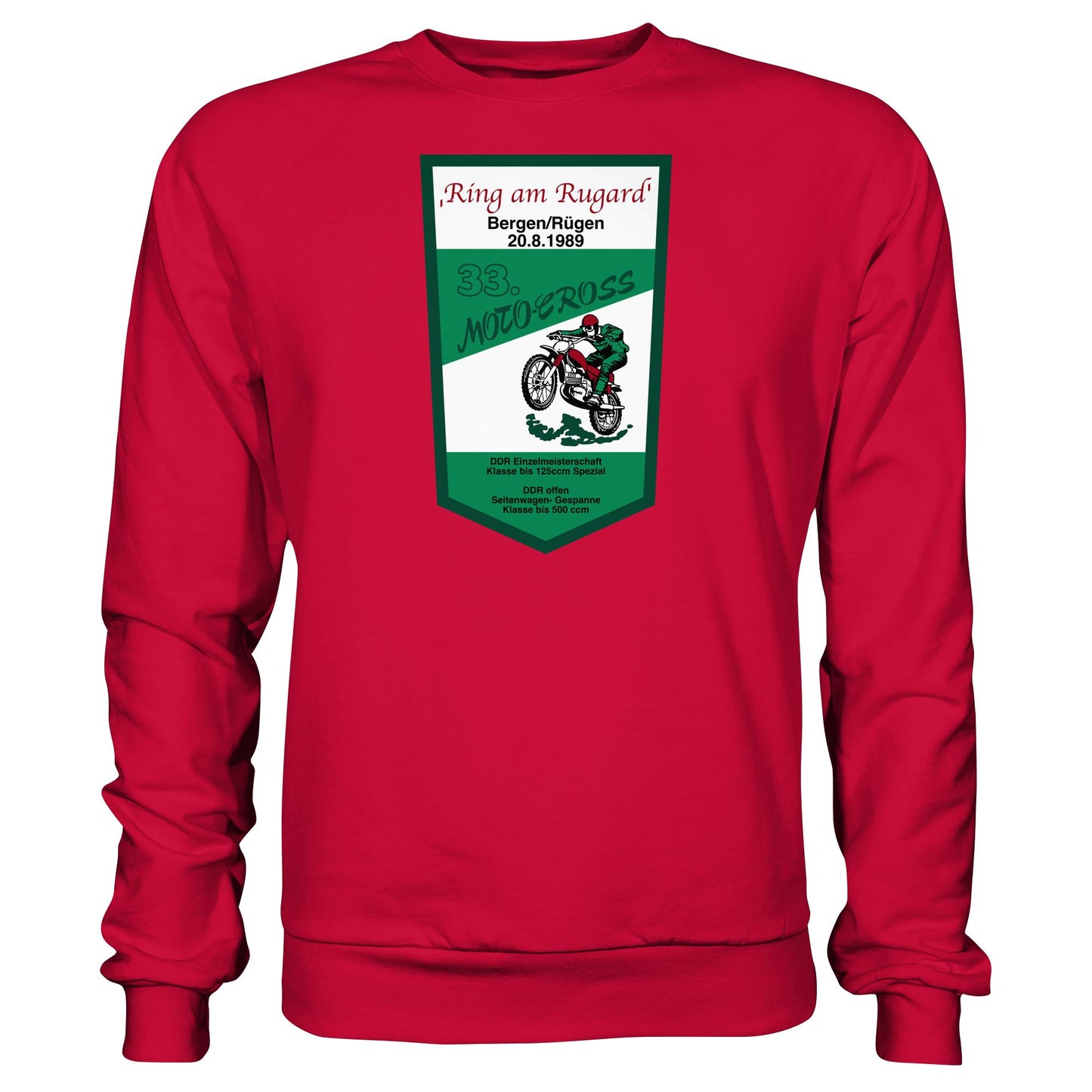 DDR Ostalgie Pullover Unisex • RING AM RUGARD, RÜGEN 33. MOTO-CROSS-RENNEN 1989 (ORIGINAL-WIMPEL)