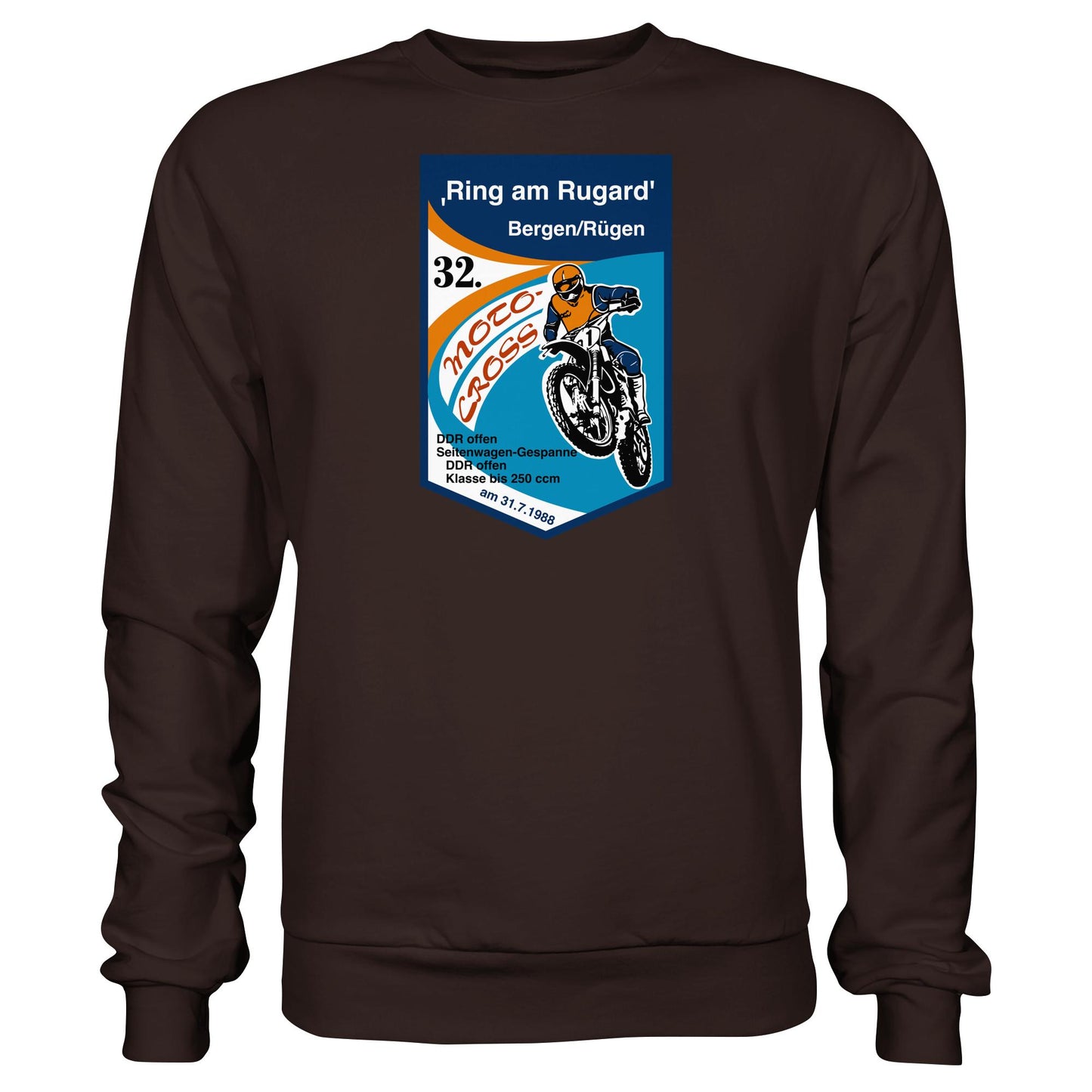 DDR Ostalgie Pullover Unisex • RING AM RUGARD, RÜGEN 32. MOTO-CROSS-RENNEN 1988 (ORIGINAL-WIMPEL)