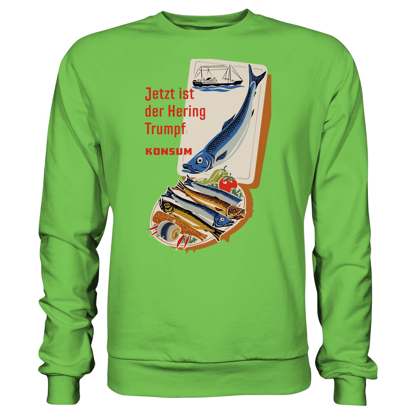 DDR Ostalgie Pullover Unisex • JETZT IST DER HERING TRUMPF (ORIGINAL KONSUM-PLAKAT)