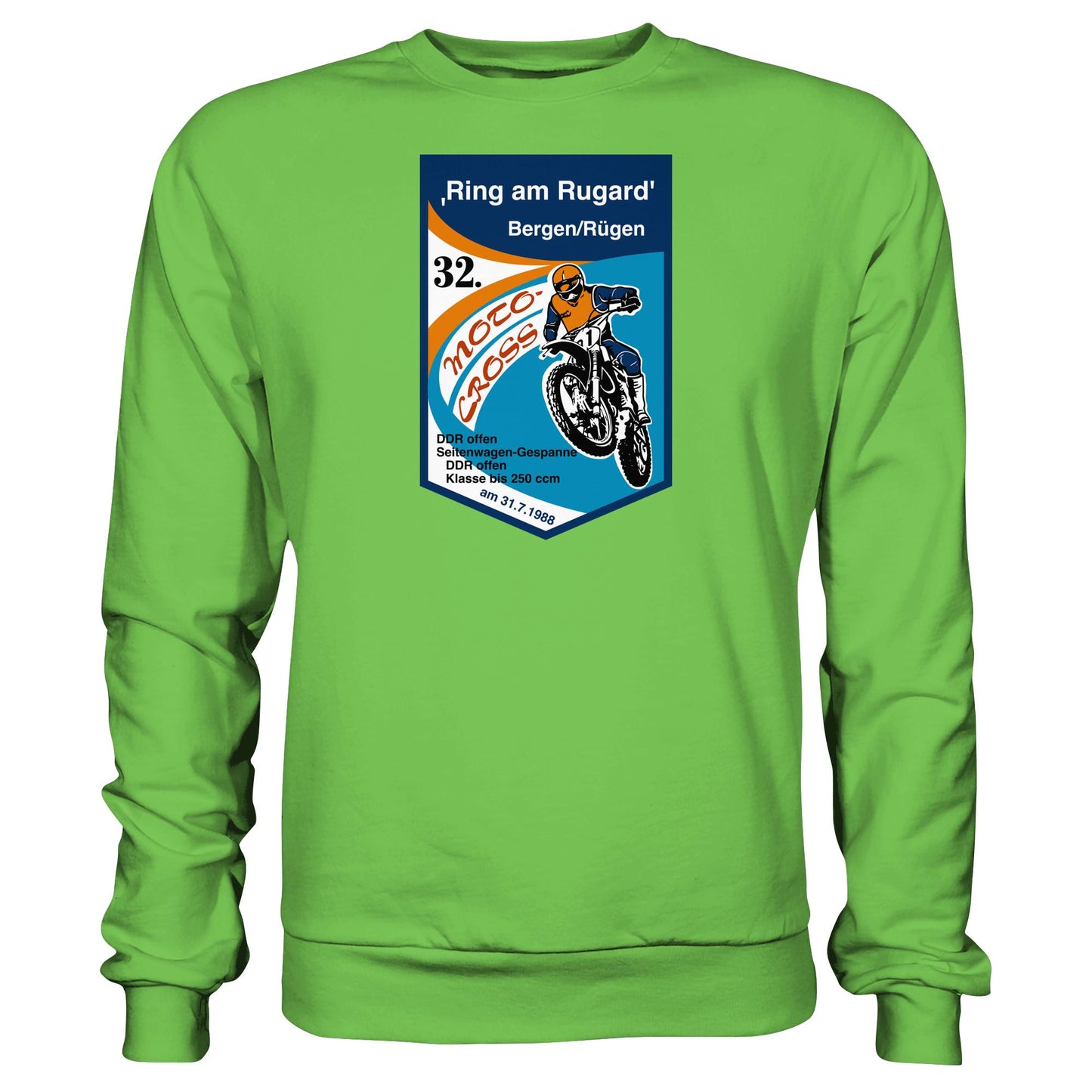 DDR Ostalgie Pullover Unisex • RING AM RUGARD, RÜGEN 32. MOTO-CROSS-RENNEN 1988 (ORIGINAL-WIMPEL)