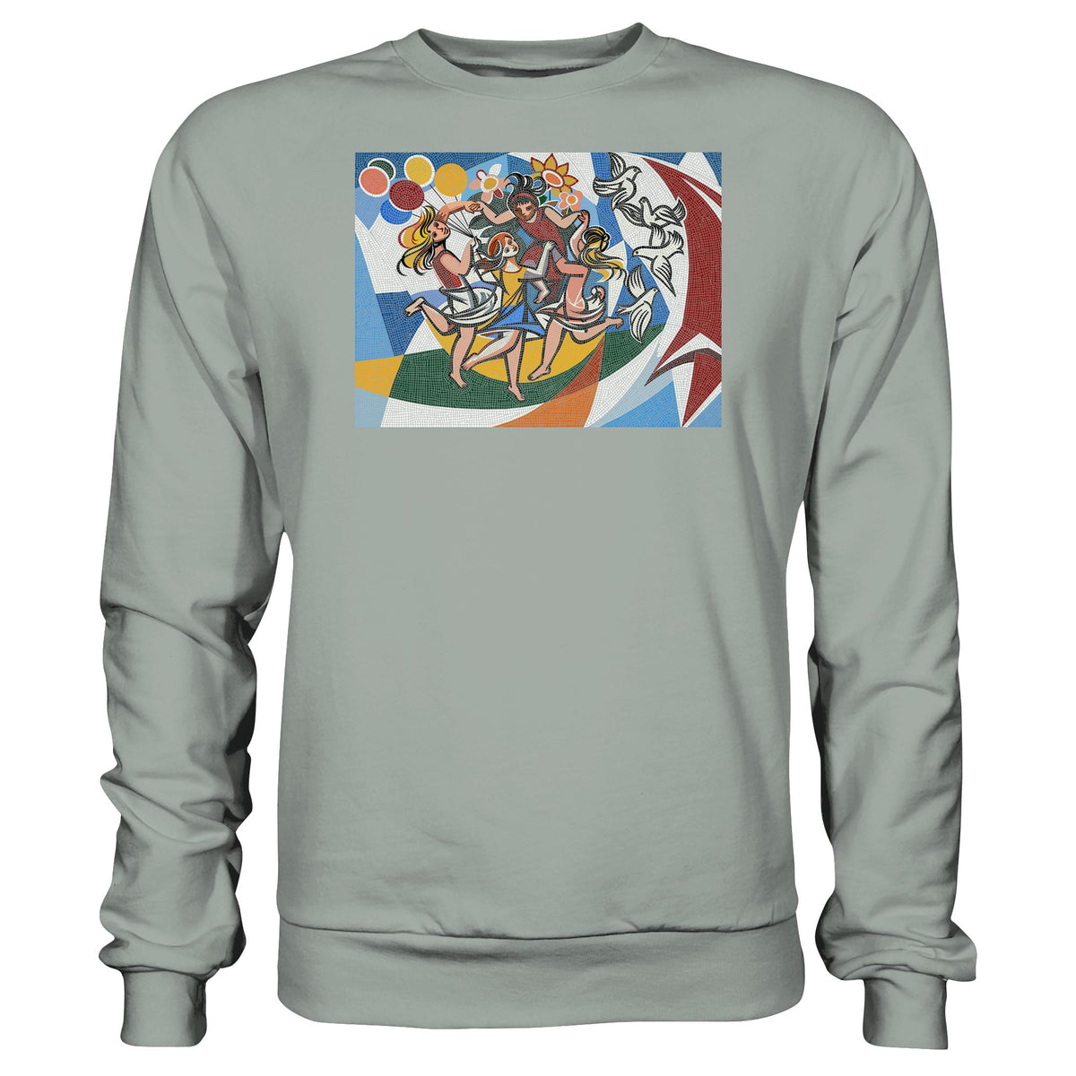 DDR Ostalgie Pullover Unisex • WALTER WOMACKA - TANZENDE MÄDCHEN MIT FRIEDENSTAUBEN MIT MOSAIK-HINTERGRUND (HAUS DES LEHRERS, 1964)