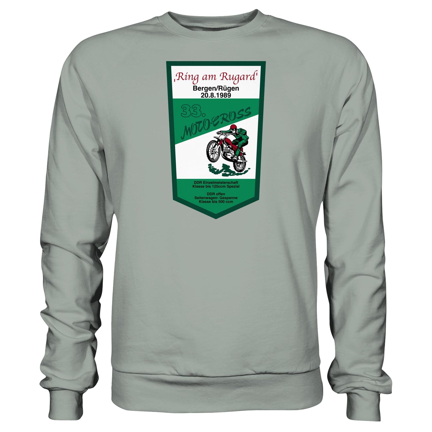 DDR Ostalgie Pullover Unisex • RING AM RUGARD, RÜGEN 33. MOTO-CROSS-RENNEN 1989 (ORIGINAL-WIMPEL)