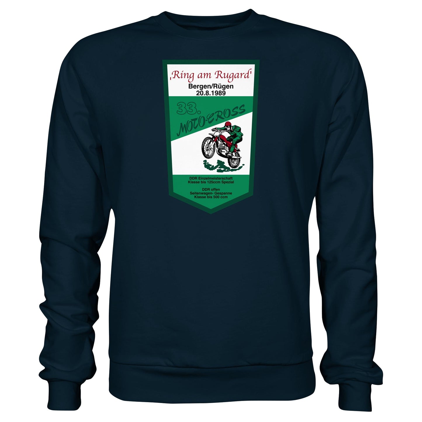 DDR Ostalgie Pullover Unisex • RING AM RUGARD, RÜGEN 33. MOTO-CROSS-RENNEN 1989 (ORIGINAL-WIMPEL)