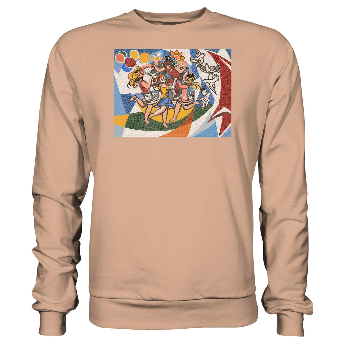 DDR Ostalgie Pullover Unisex • WALTER WOMACKA - TANZENDE MÄDCHEN MIT FRIEDENSTAUBEN MIT MOSAIK-HINTERGRUND (HAUS DES LEHRERS, 1964)