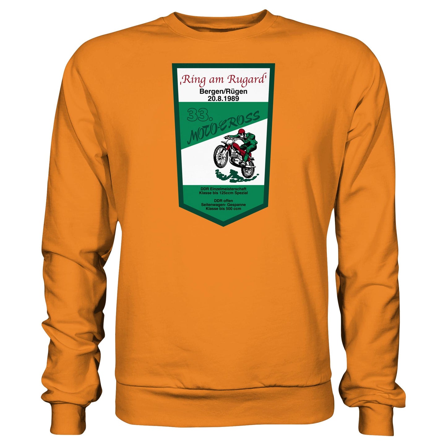 DDR Ostalgie Pullover Unisex • RING AM RUGARD, RÜGEN 33. MOTO-CROSS-RENNEN 1989 (ORIGINAL-WIMPEL)