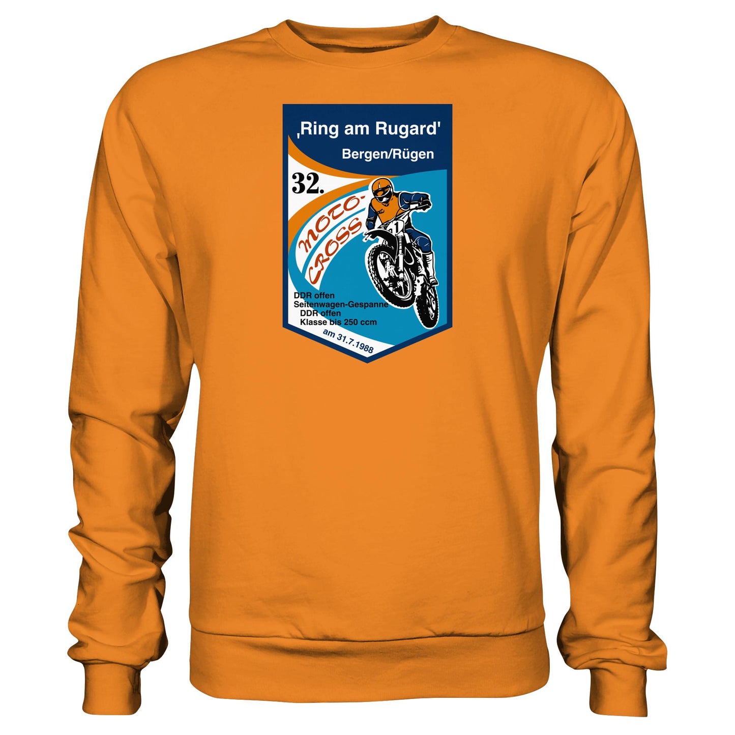 DDR Ostalgie Pullover Unisex • RING AM RUGARD, RÜGEN 32. MOTO-CROSS-RENNEN 1988 (ORIGINAL-WIMPEL)