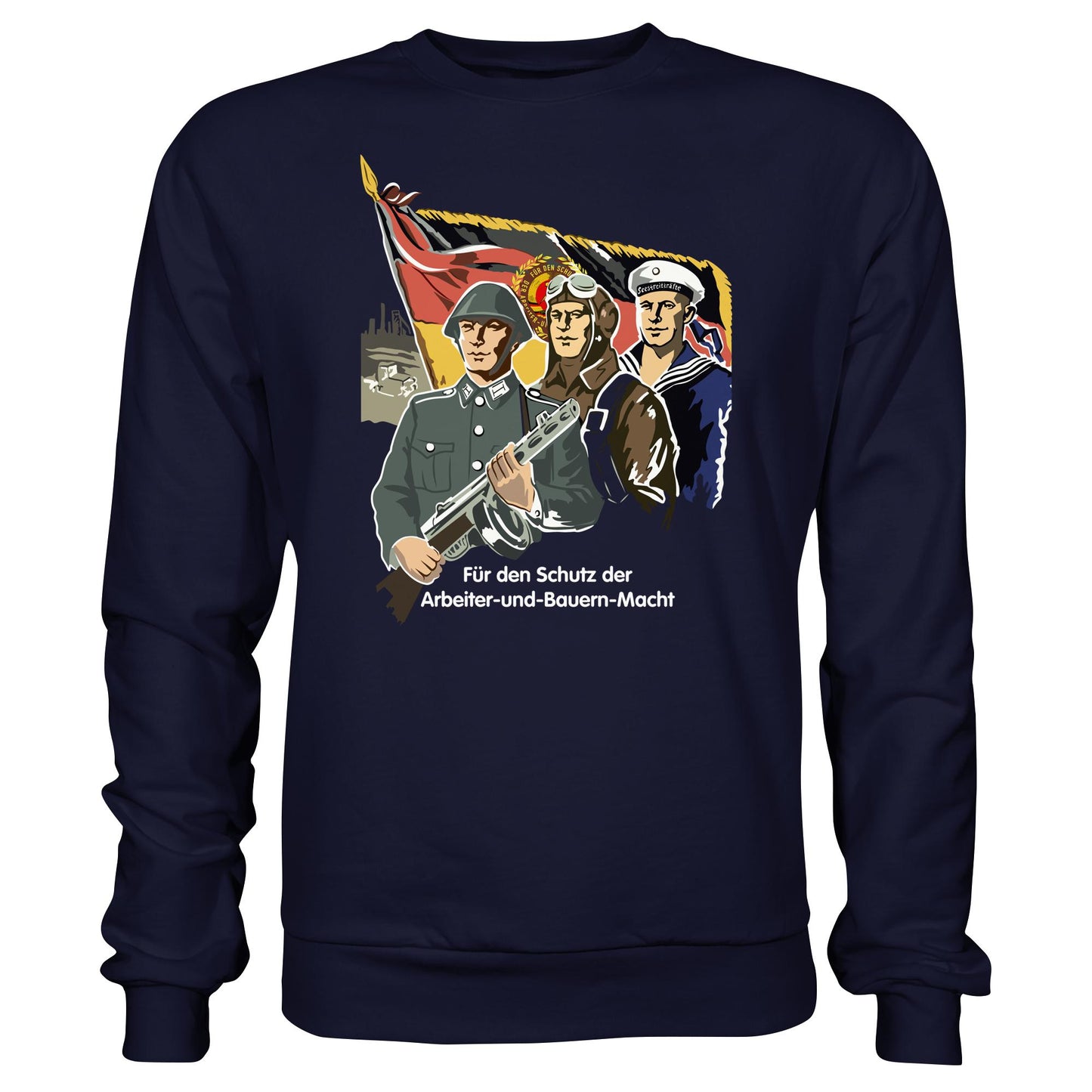 DDR Ostalgie Pullover Unisex • FÜR DEN SCHUTZ DER ARBEITER-UND-BAUERN-MACHT (NVA ORIGINAL-PLAKAT)