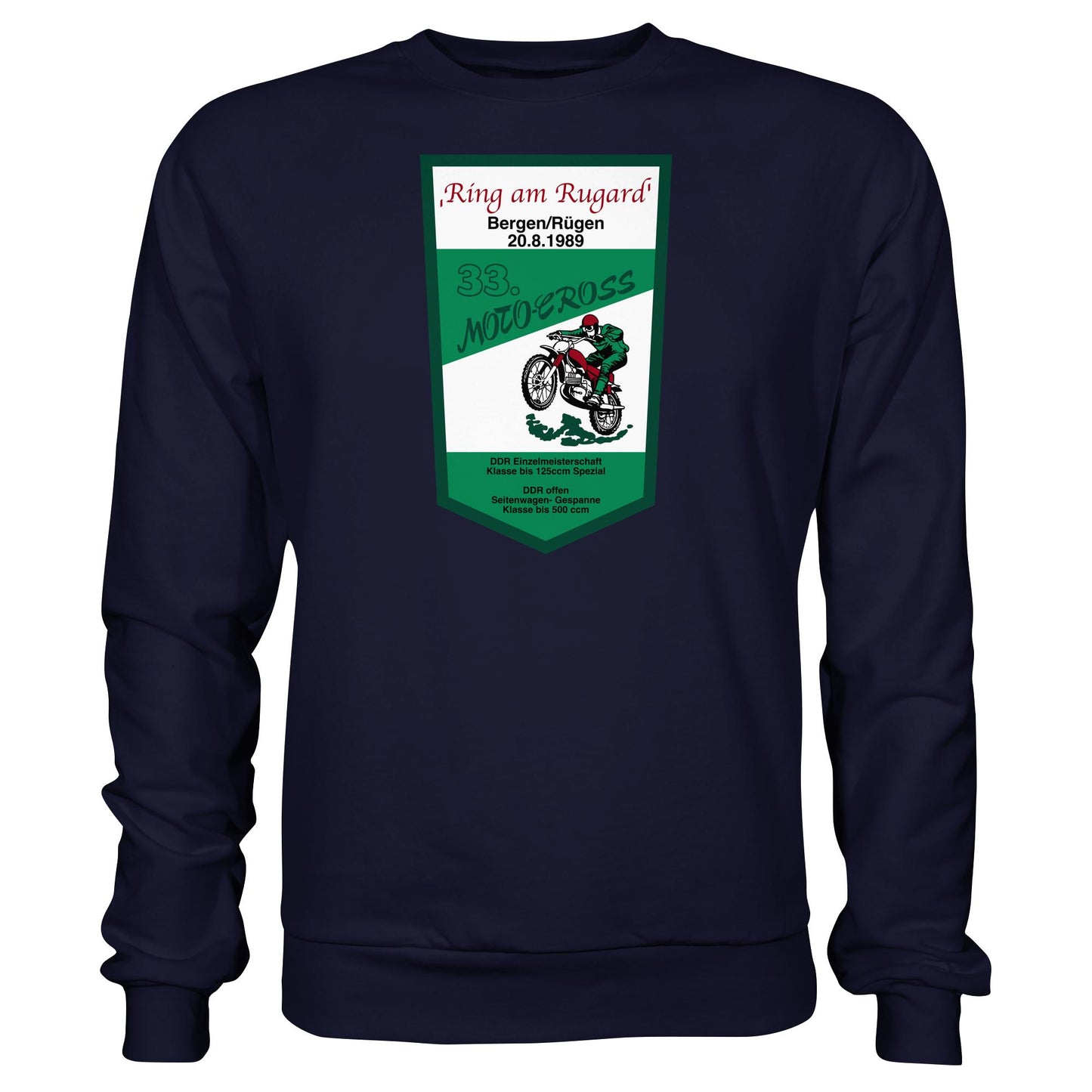 DDR Ostalgie Pullover Unisex • RING AM RUGARD, RÜGEN 33. MOTO-CROSS-RENNEN 1989 (ORIGINAL-WIMPEL)
